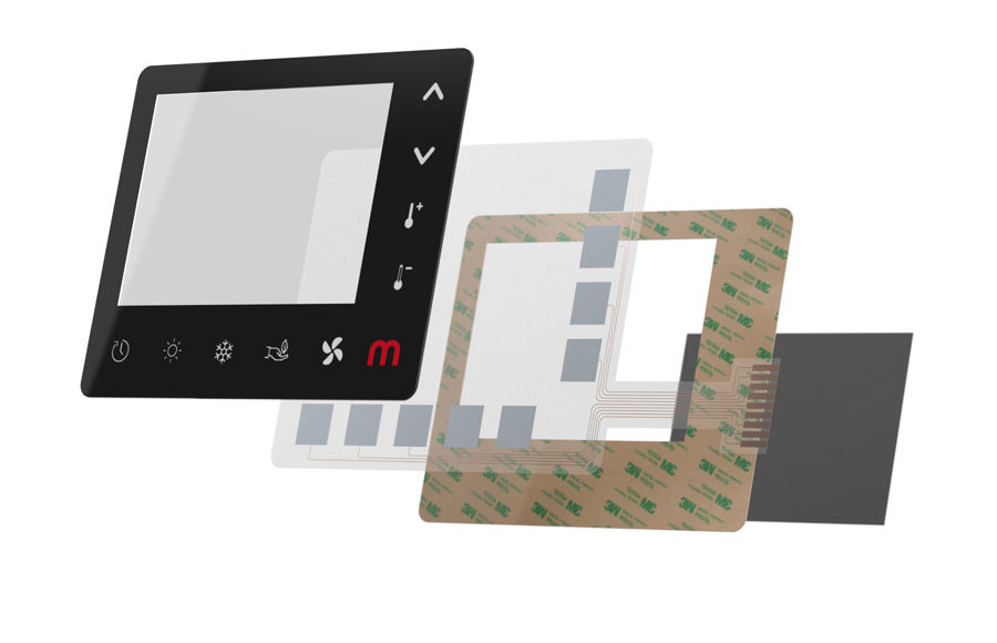 Cover glass fronts with capacitive touch foil, as 3D stack-up render